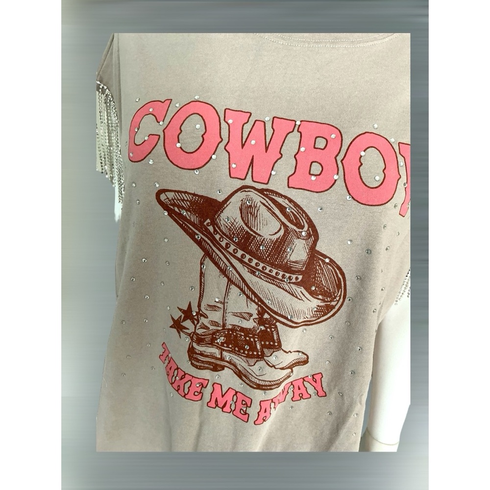 FANTASTIC FAWN Super cute oversized “cowboy” rhinestone fringe tee S M L - Picture 8 of 8
